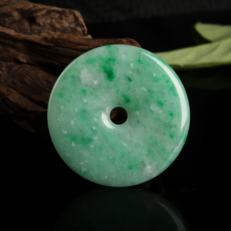 缅甸天然豆种飘翠翡翠平安扣吊坠-红掌柜