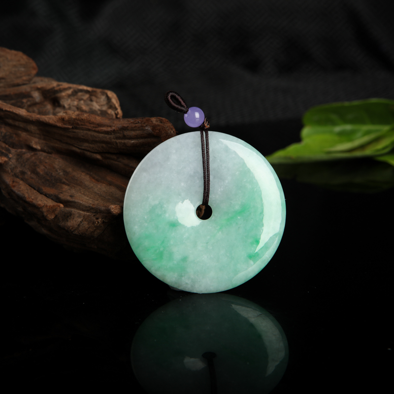 缅甸天然豆种飘翠翡翠平安扣吊坠-红掌柜