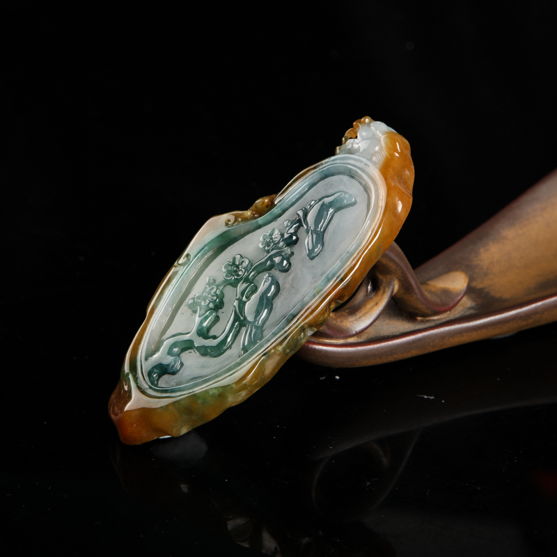 缅甸糯种俏色翡翠喜上眉梢吊坠-红掌柜