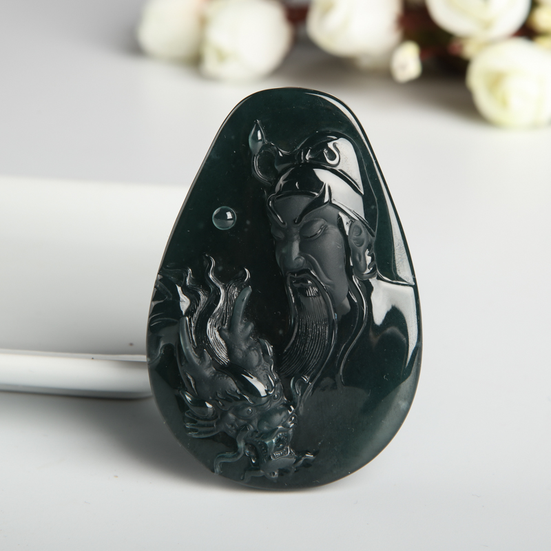 缅甸天然糯种蓝水翡翠关羽吊坠-红掌柜