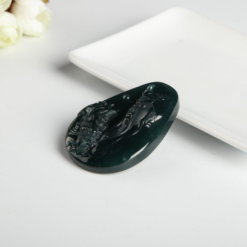 缅甸糯种蓝水翡翠关羽吊坠-红掌柜