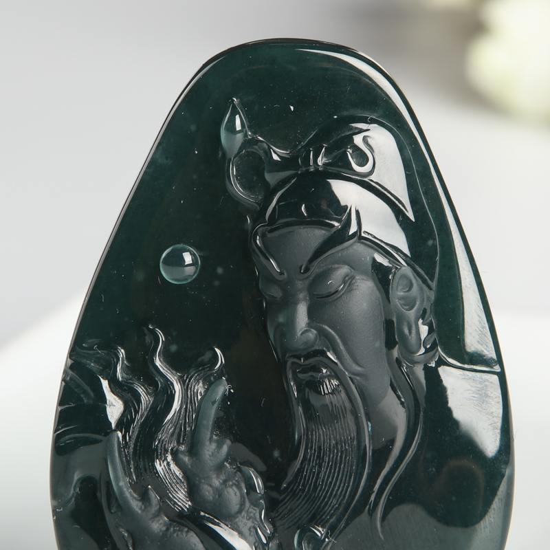 缅甸天然糯种翡翠关羽吊坠-红掌柜