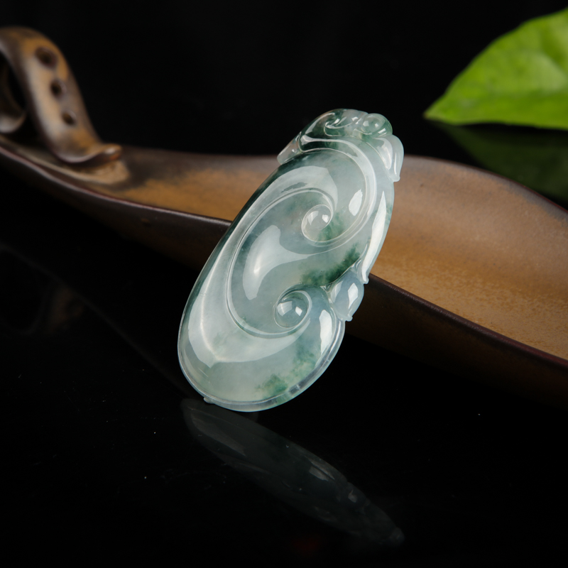 缅甸糯冰种飘花翡翠如意吊坠-红掌柜