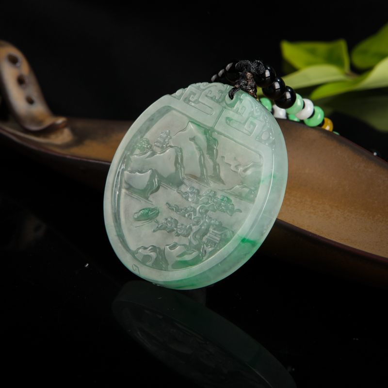 缅甸糯冰种飘翠翡翠山水牌吊坠-红掌柜