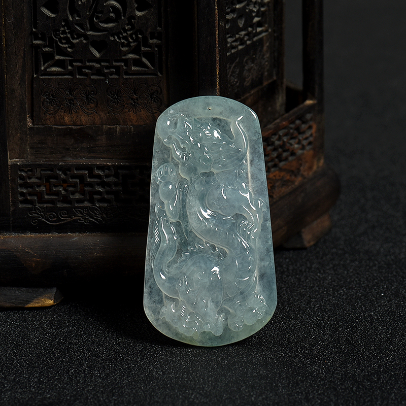 缅甸天然糯冰种飘花翡翠龙牌吊坠-红掌柜