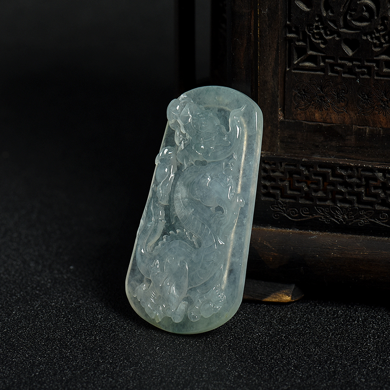 缅甸糯冰种飘花翡翠龙牌吊坠-红掌柜