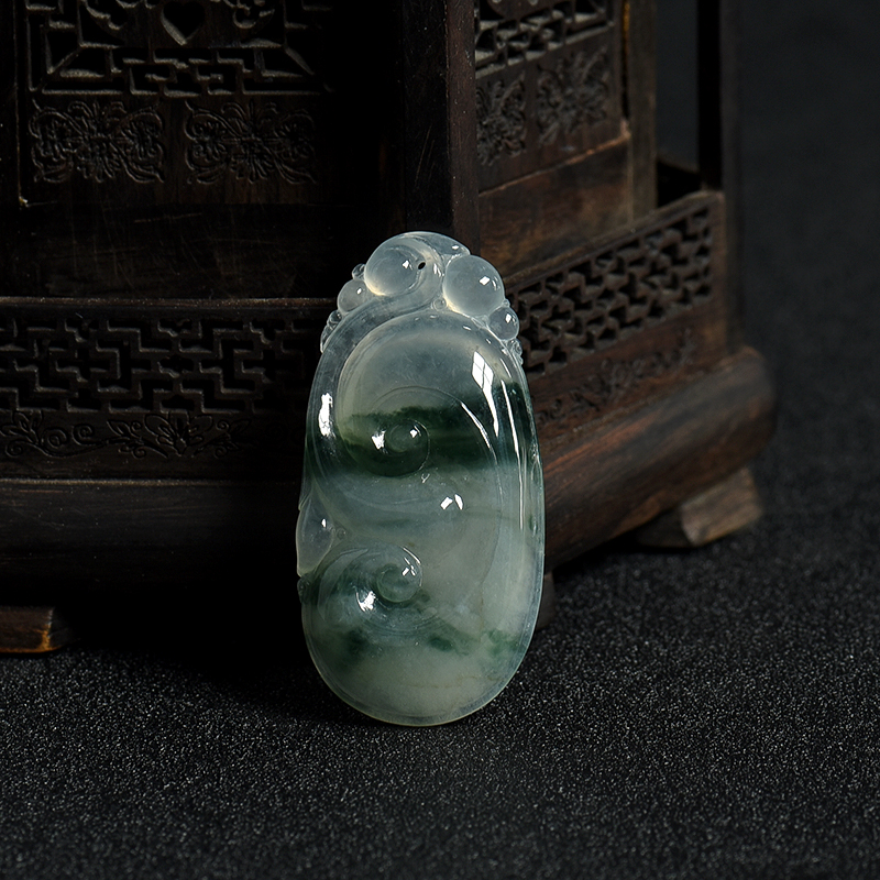 天然缅甸糯冰种飘花翡翠如意吊坠-红掌柜