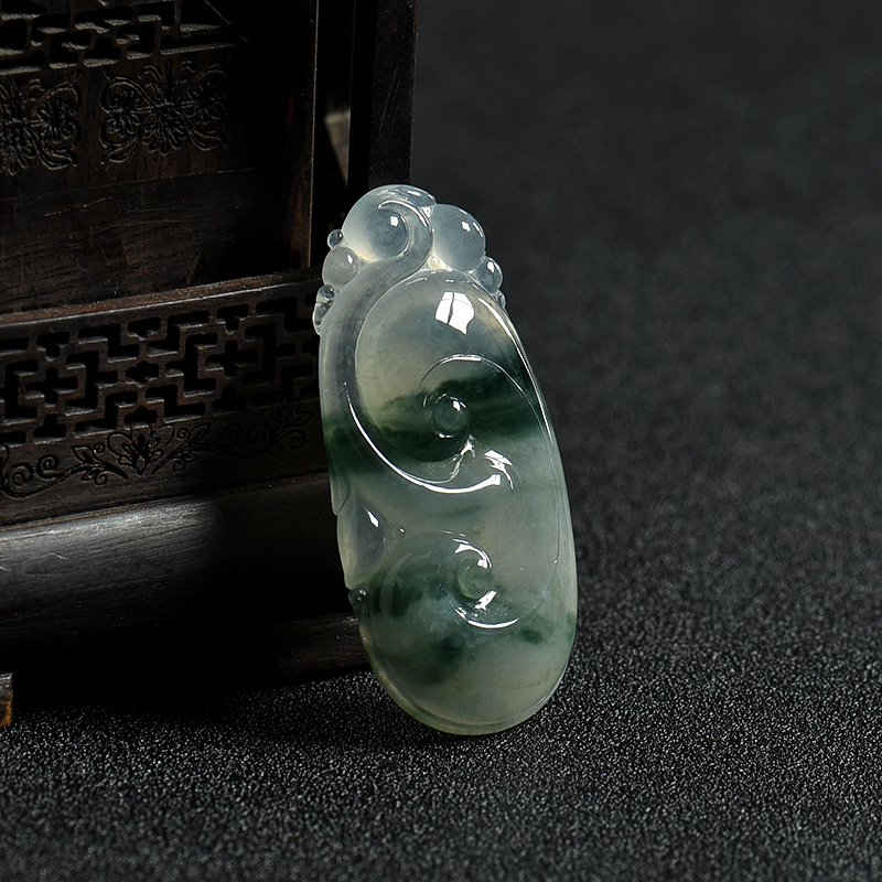 缅甸糯冰种飘花翡翠如意吊坠-红掌柜