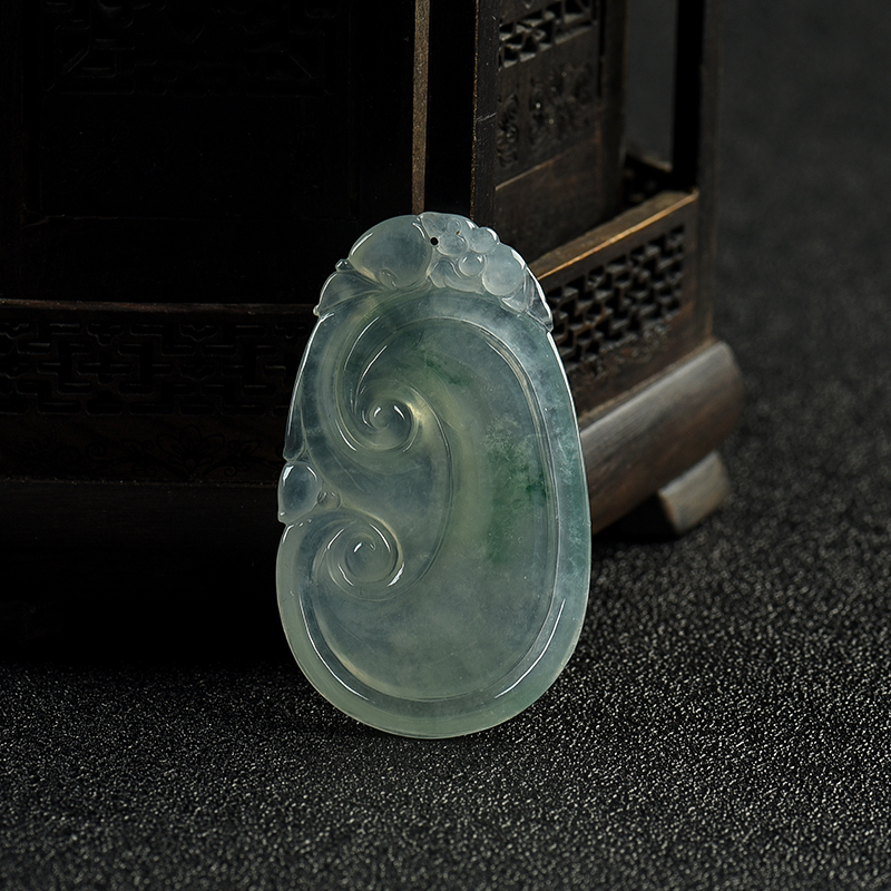 缅甸天然飘花翡翠如意吊坠-红掌柜