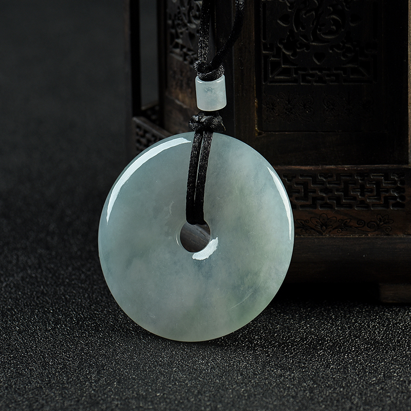 缅甸糯冰种浅绿翡翠平安扣吊坠-红掌柜