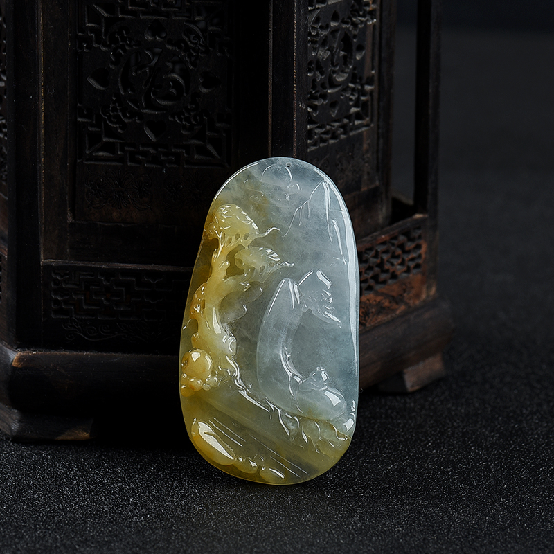 缅甸天然糯冰种黄翡山房独坐吊坠-红掌柜