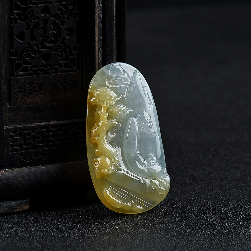 天然糯冰种黄翡山房独坐吊坠-红掌柜