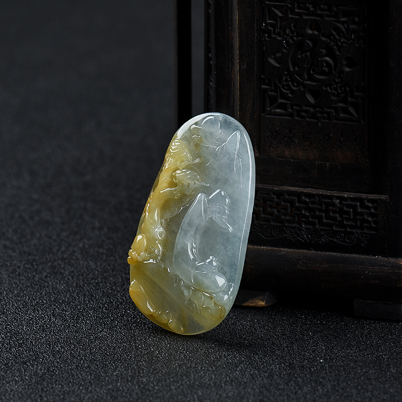 缅甸糯冰种黄翡山房独坐吊坠-红掌柜