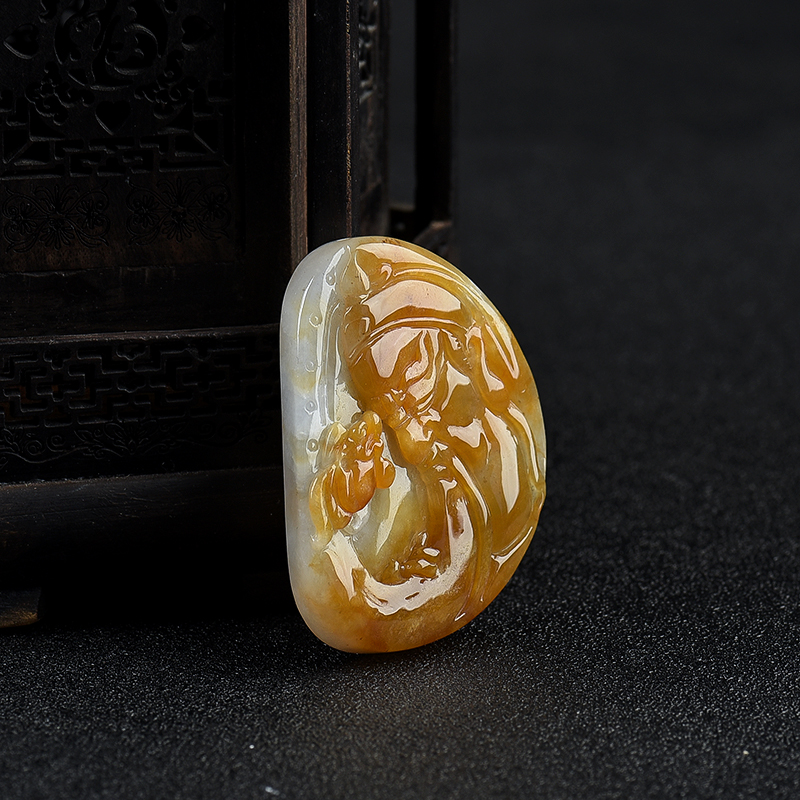 天然糯种黄翡关羽吊坠-红掌柜