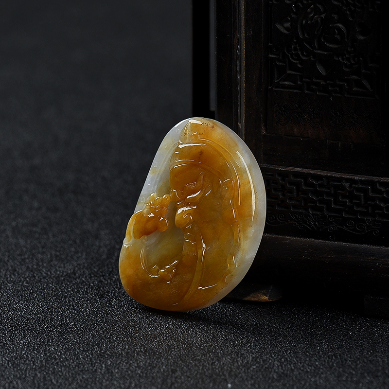 缅甸糯种黄翡关羽吊坠-红掌柜