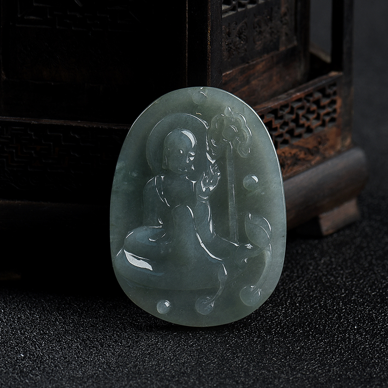 缅甸天然糯冰种灰绿翡翠悟道吊坠-红掌柜
