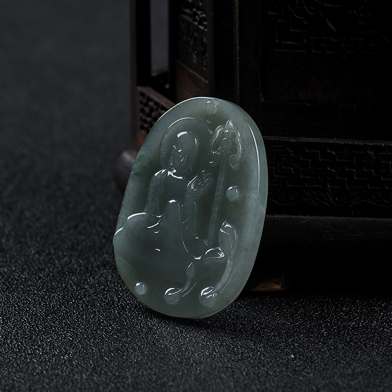 缅甸糯冰种灰绿翡翠悟道吊坠-红掌柜