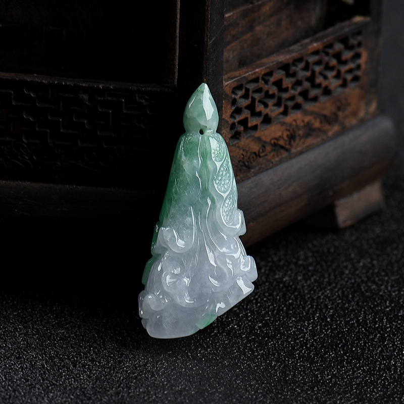 缅甸天然飘翠翡翠百财吊坠-红掌柜