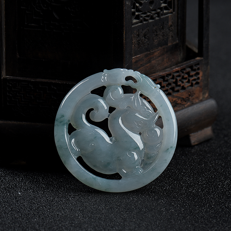 缅甸天然糯冰种飘花翡翠麒麟吊坠-红掌柜