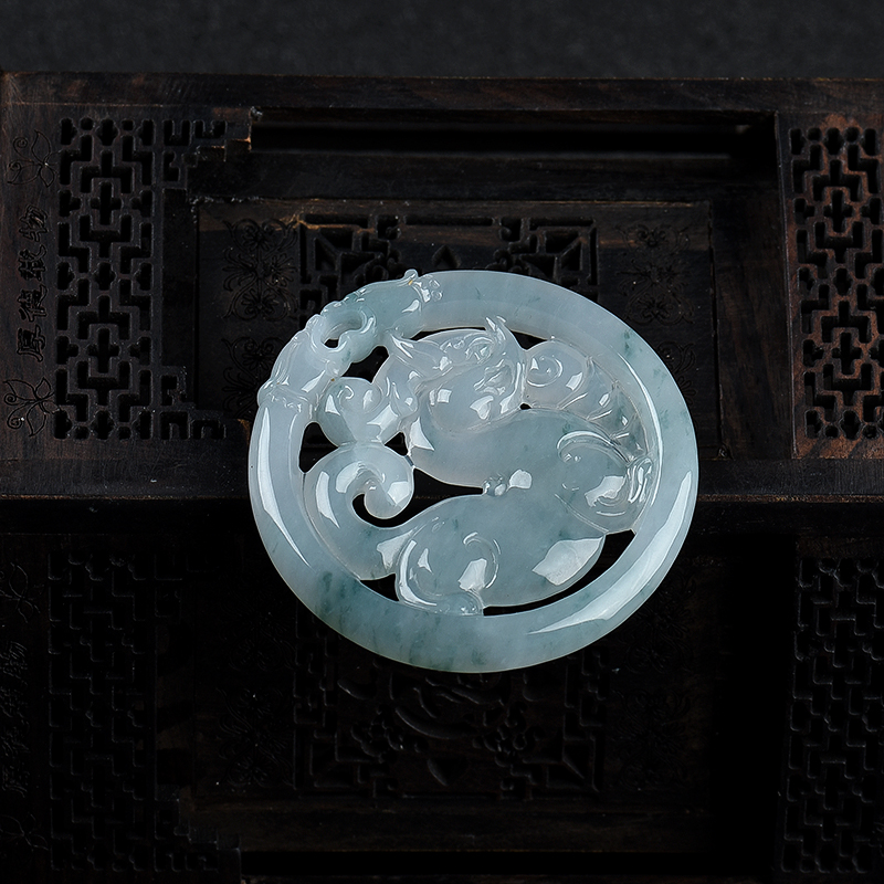 缅甸天然糯冰种翡翠麒麟吊坠-红掌柜