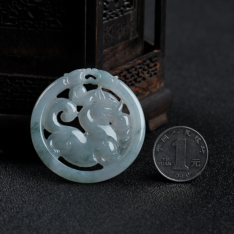 糯冰种飘花翡翠麒麟吊坠-红掌柜