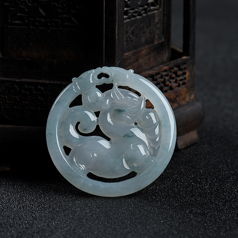 缅甸天然糯冰种飘花翡翠麒麟吊坠-红掌柜