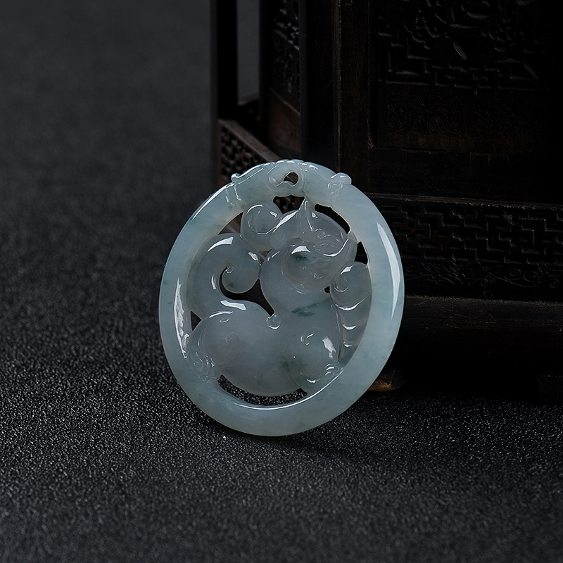 缅甸糯冰种飘花翡翠麒麟吊坠-红掌柜