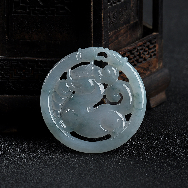 缅甸天然飘花翡翠麒麟吊坠-红掌柜