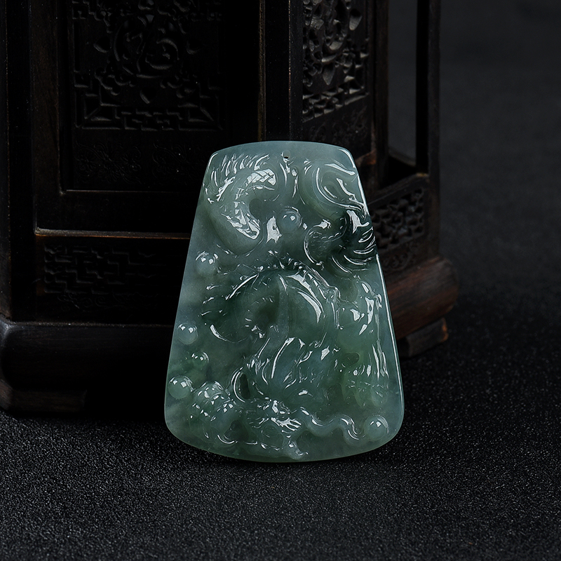 糯冰种飘花翡翠龙凤牌(一对)-红掌柜