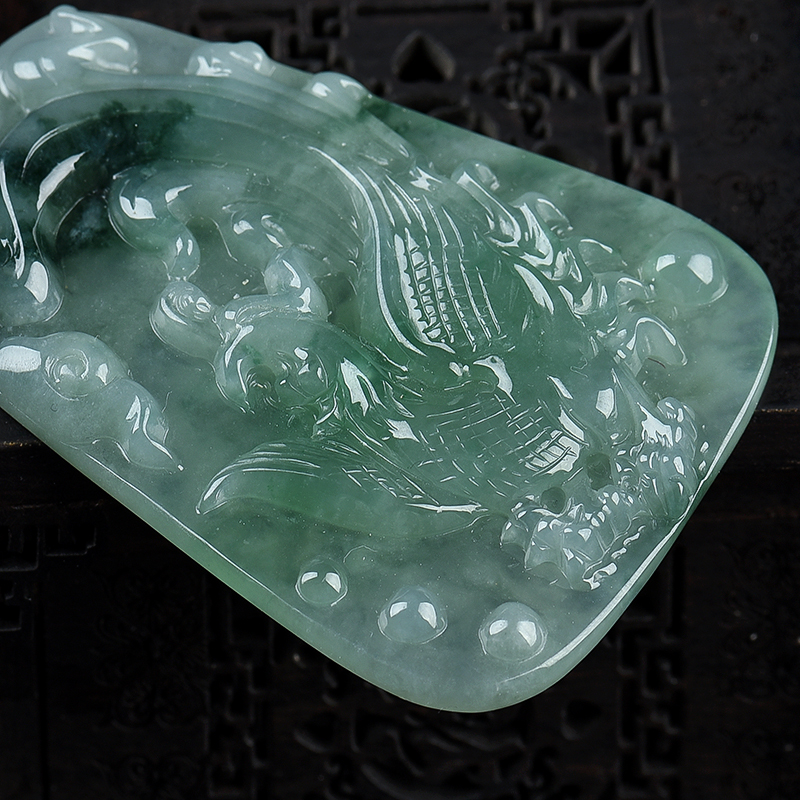 天然糯冰种飘花翡翠龙凤牌(一对)-红掌柜