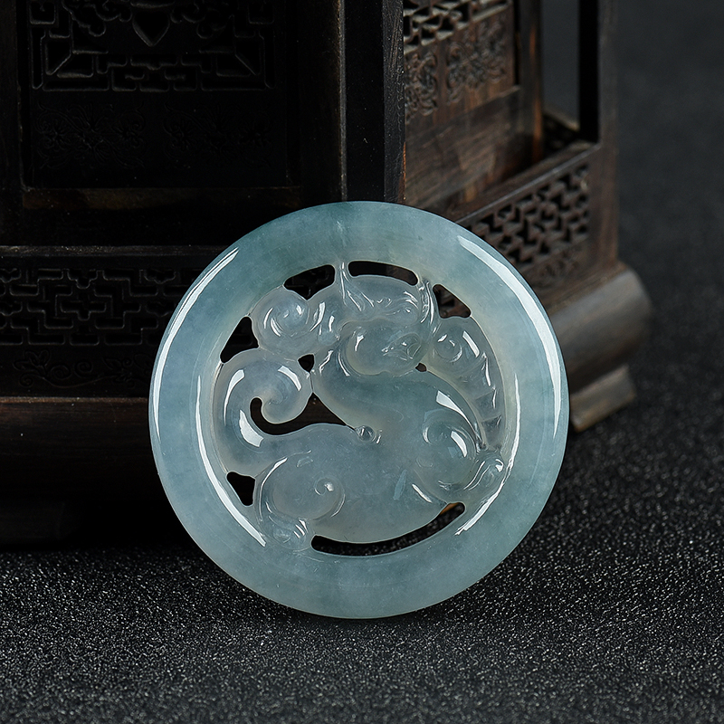 天然缅甸糯冰种飘花翡翠麒麟吊坠-红掌柜