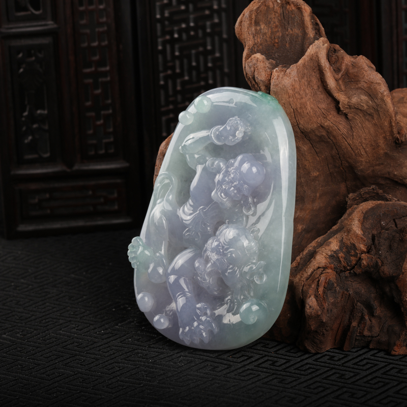 缅甸糯冰种浅紫翡翠伏虎罗汉挂件-红掌柜
