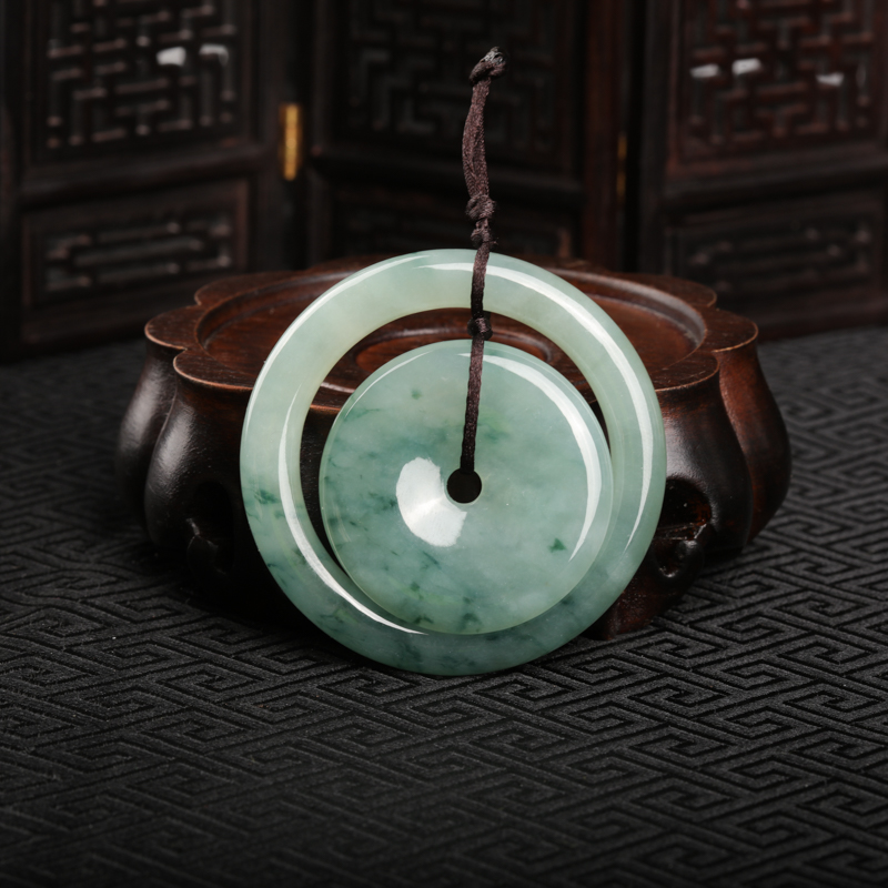 缅甸天然糯冰种飘花翡翠子母平安扣吊坠-红掌柜