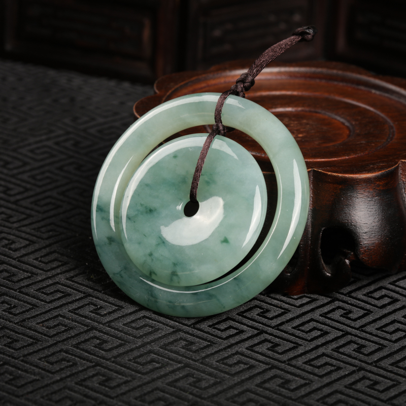 缅甸糯冰种飘花翡翠子母平安扣吊坠-红掌柜