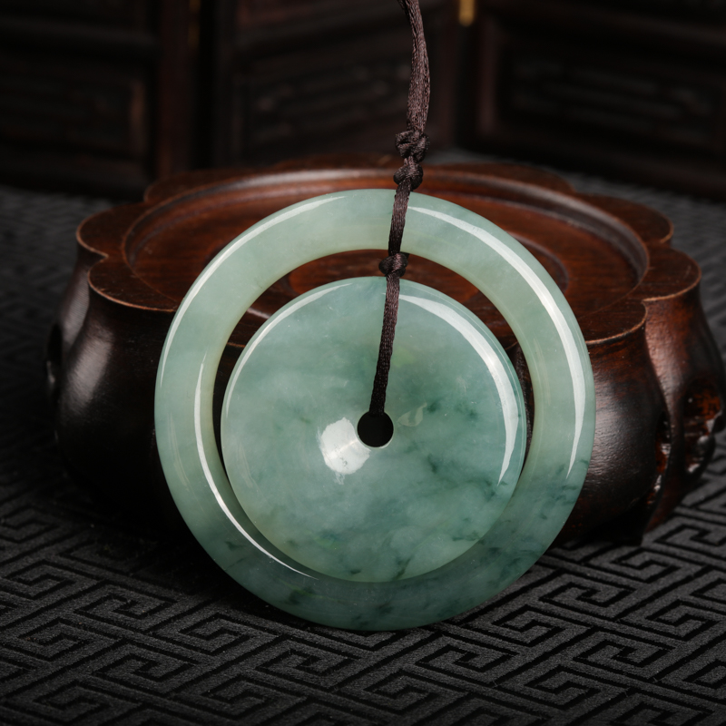 缅甸天然飘花翡翠子母平安扣吊坠-红掌柜