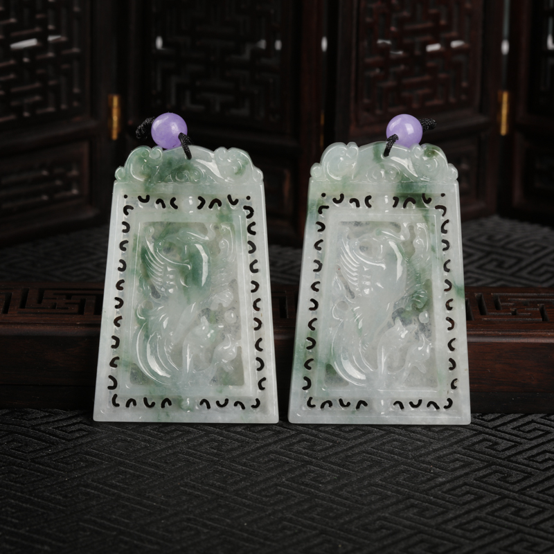 缅甸糯冰种飘花翡翠龙凤对牌吊坠-红掌柜