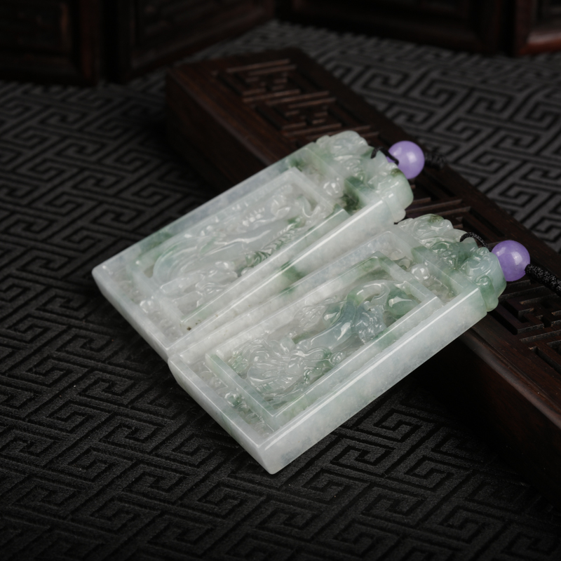 缅甸天然飘花翡翠龙凤对牌吊坠-红掌柜