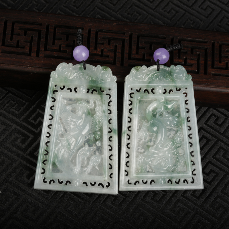 缅甸天然糯冰种翡翠龙凤对牌吊坠-红掌柜