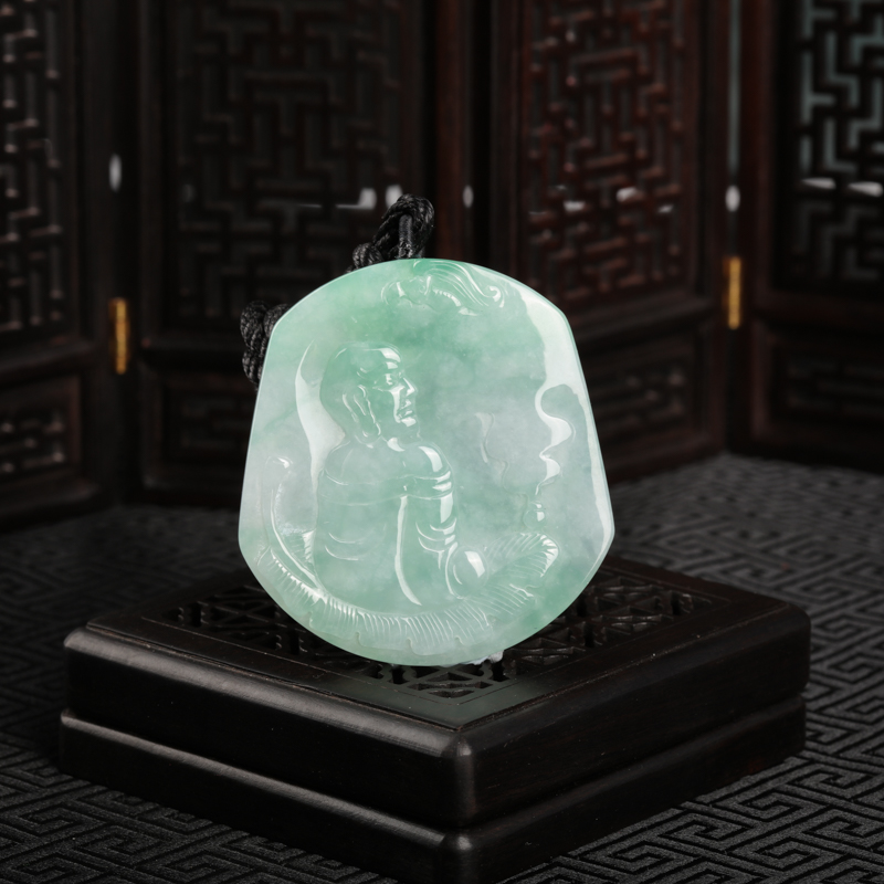 缅甸天然糯冰种飘翠翡翠罗汉吊坠-红掌柜