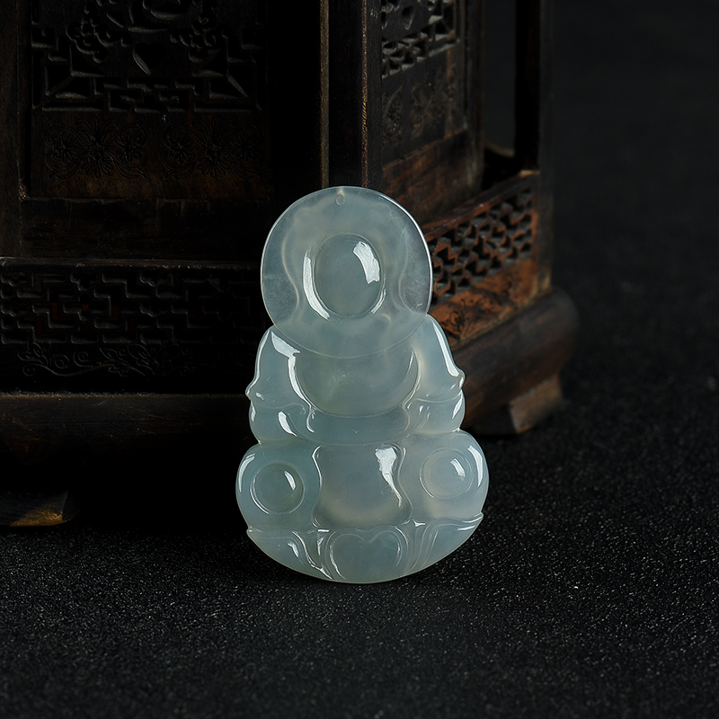 缅甸天然A货糯冰种灰绿翡翠观音吊坠-红掌柜