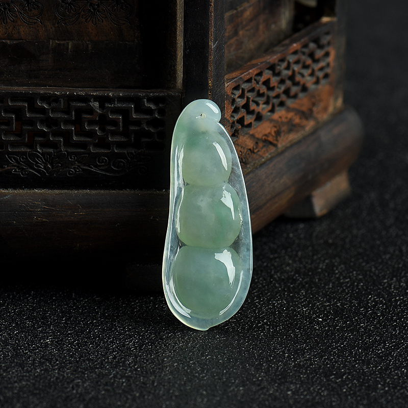 缅甸天然A货糯种灰绿翡翠连中三元吊坠-红掌柜