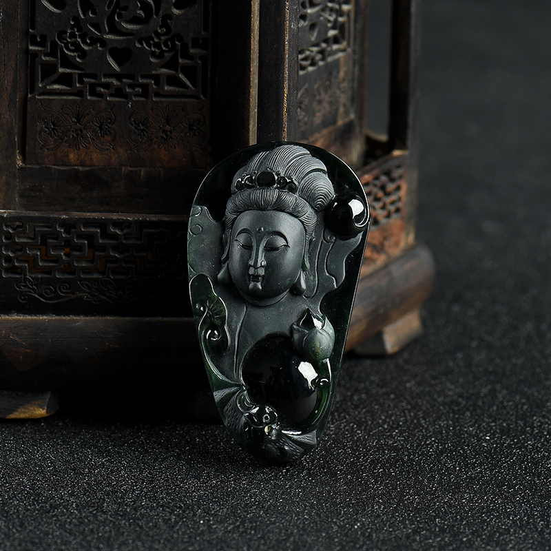 缅甸天然豆种墨翠观音吊坠-红掌柜