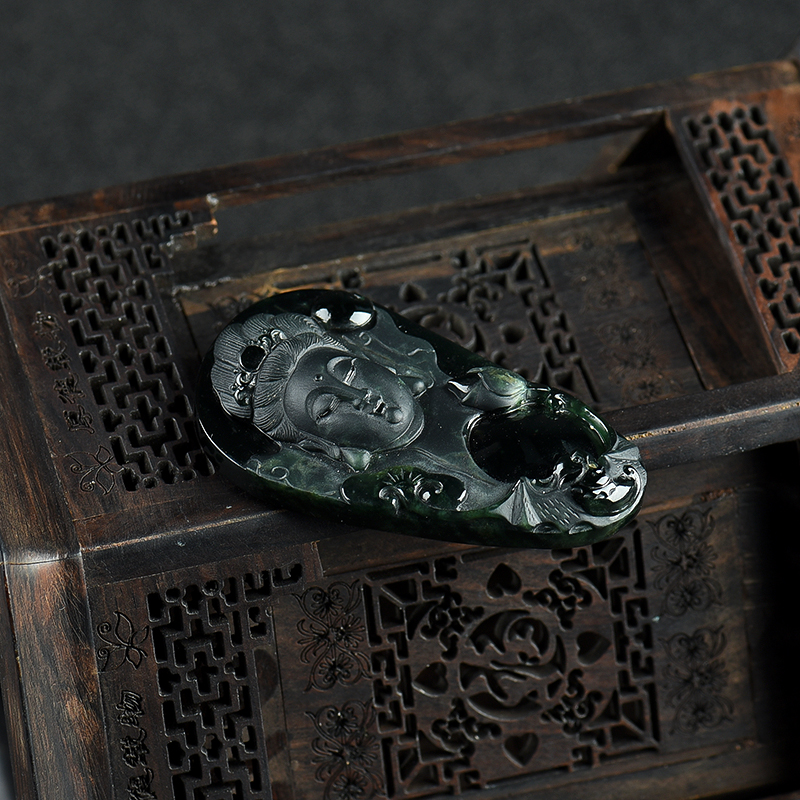 缅甸天然豆种墨翠吊坠-红掌柜