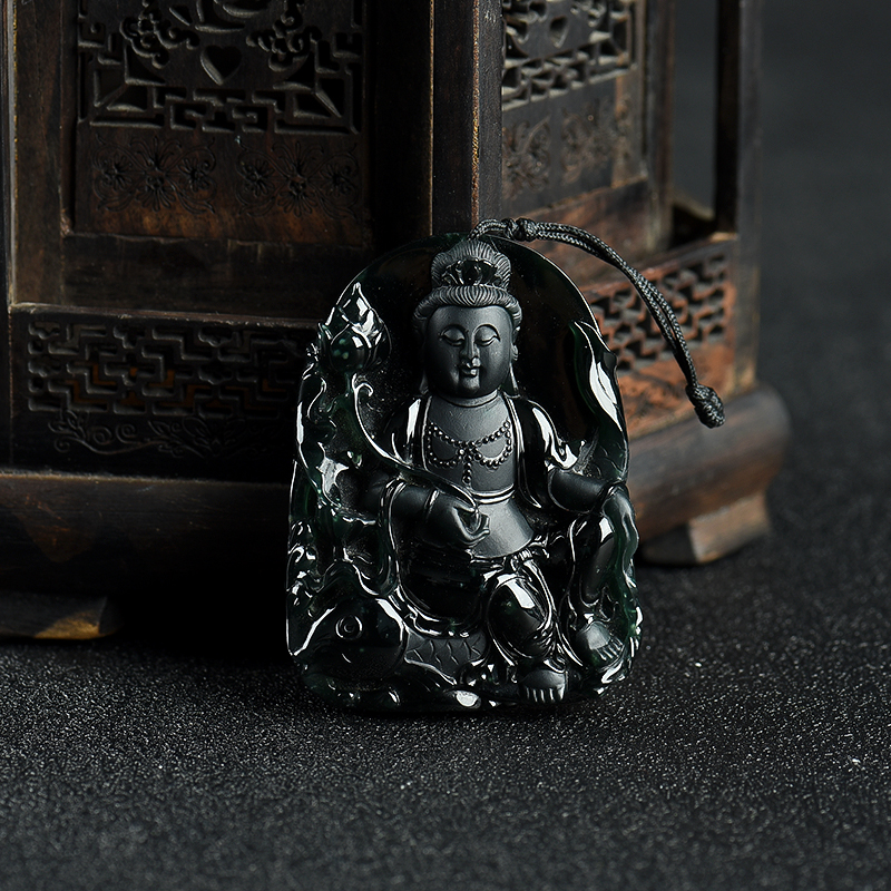 缅甸天然糯种墨翠鱼篮观音吊坠-红掌柜