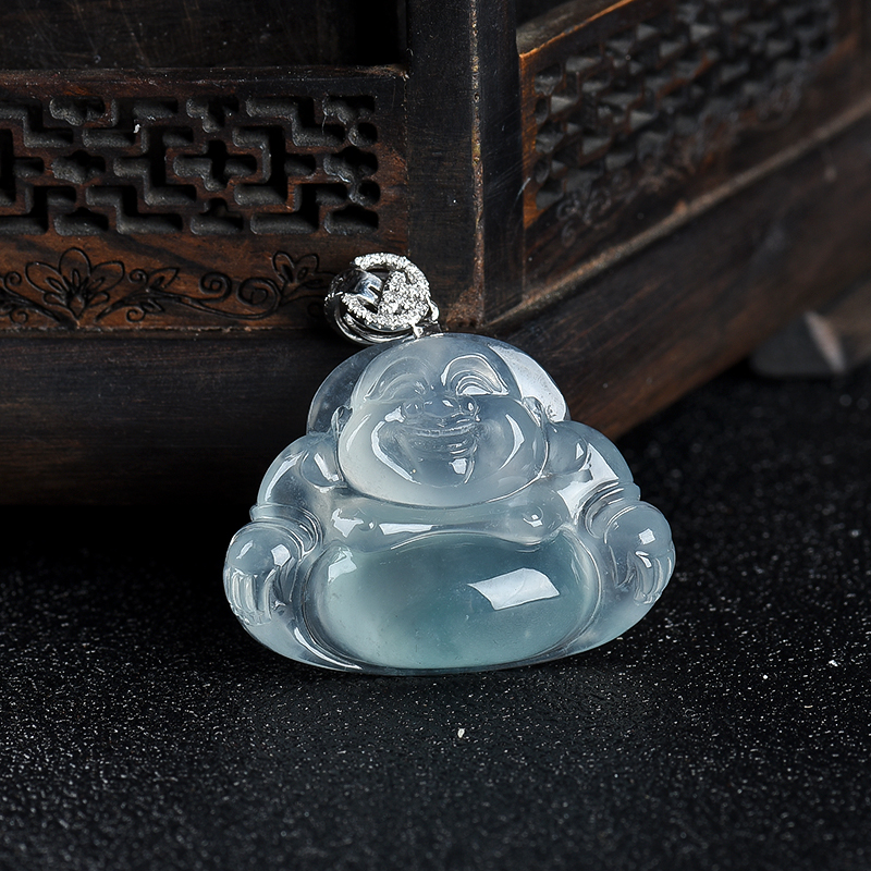 糯冰种蓝绿翡翠弥勒佛吊坠-红掌柜