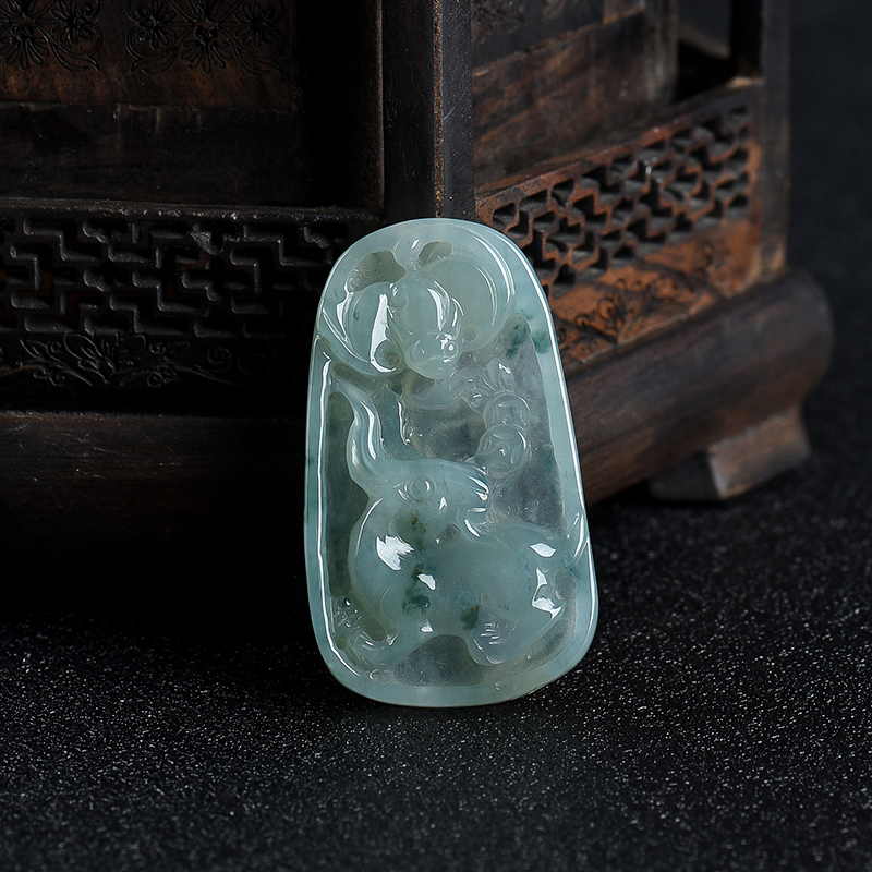 糯冰种飘花翡翠福寿如意吊坠-红掌柜