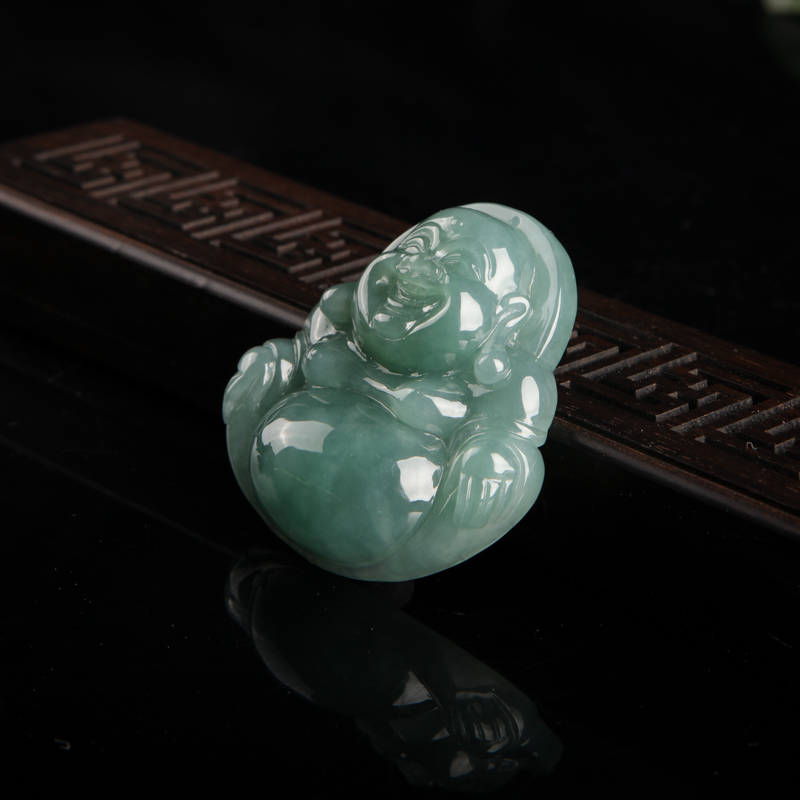 缅甸糯种暗绿翡翠弥勒佛吊坠-红掌柜