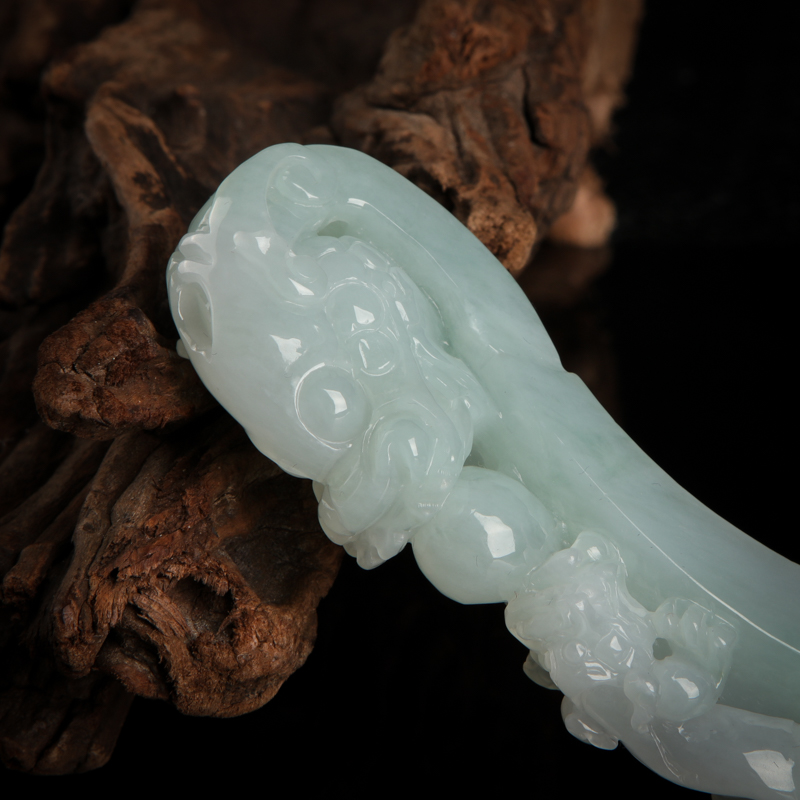 缅甸天然糯种翡翠双龙戏珠小摆件-红掌柜