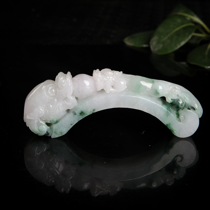 缅甸天然糯种飘花翡翠双龙戏珠小摆件-红掌柜