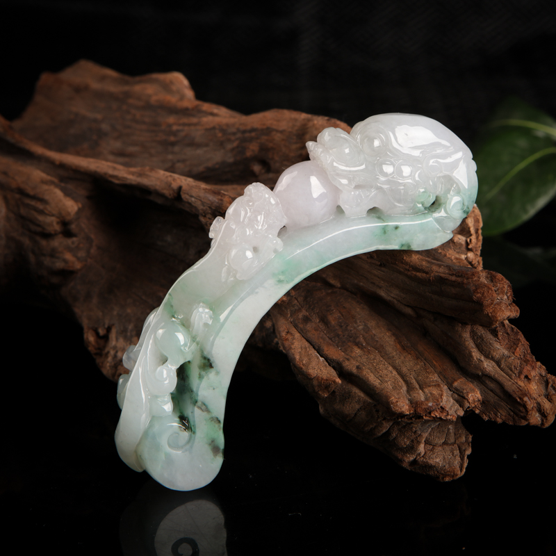 缅甸糯种飘花翡翠双龙戏珠小摆件-红掌柜